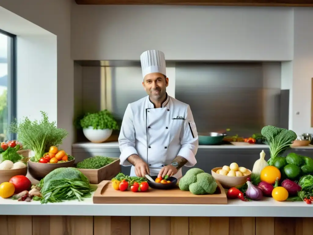 Chef francés preparando menú francés zero waste con ingredientes orgánicos y coloridos en cocina ecoamigable