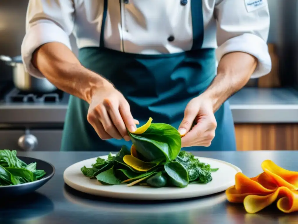 Chef francés preparando menú zero waste con dedicación y coloridos desechos de vegetales