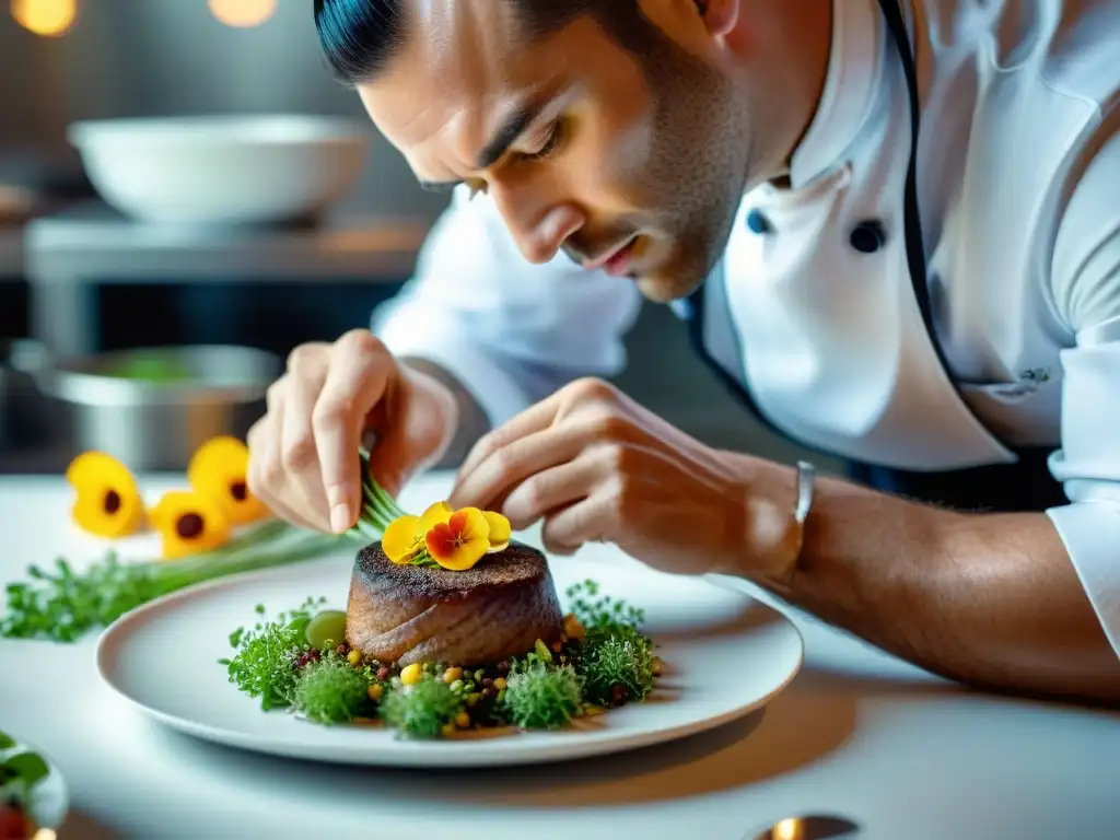 Chef francés presenta menús gastronomía francesa con delicadeza y precisión en un plato blanco decorado con flores comestibles y microgreens