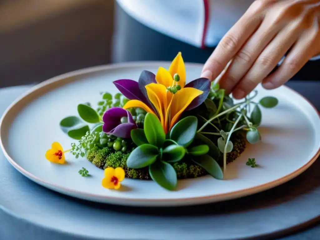 El chef francés presenta menús gastronomía francesa con flores comestibles y microgreens, detallados y coloridos