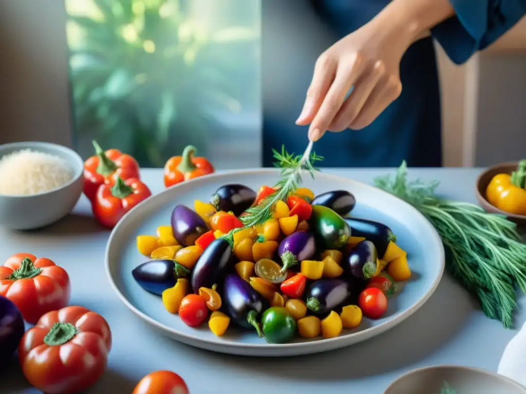 Un chef prepara Ratatouille en una mesa rústica con ingredientes frescos