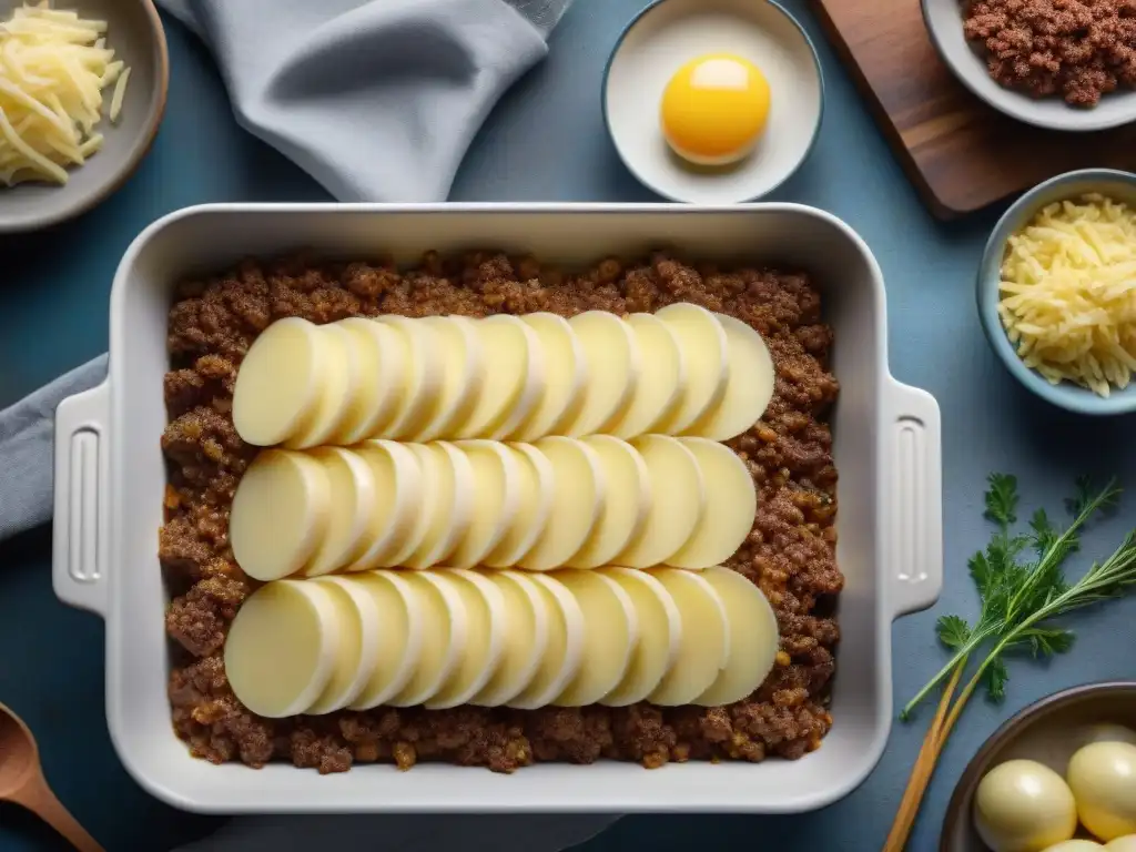 Un chef francés prepara con meticulosidad un Hachis Parmentier, destacando la auténtica receta de pastel de carne francés