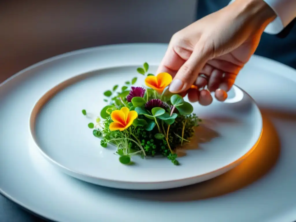 Chef creando arte culinario con microgreens y flores comestibles Un chef arregla con meticulosidad microgreens y flores comestibles en un plato blanco, mostrando una presentación artística