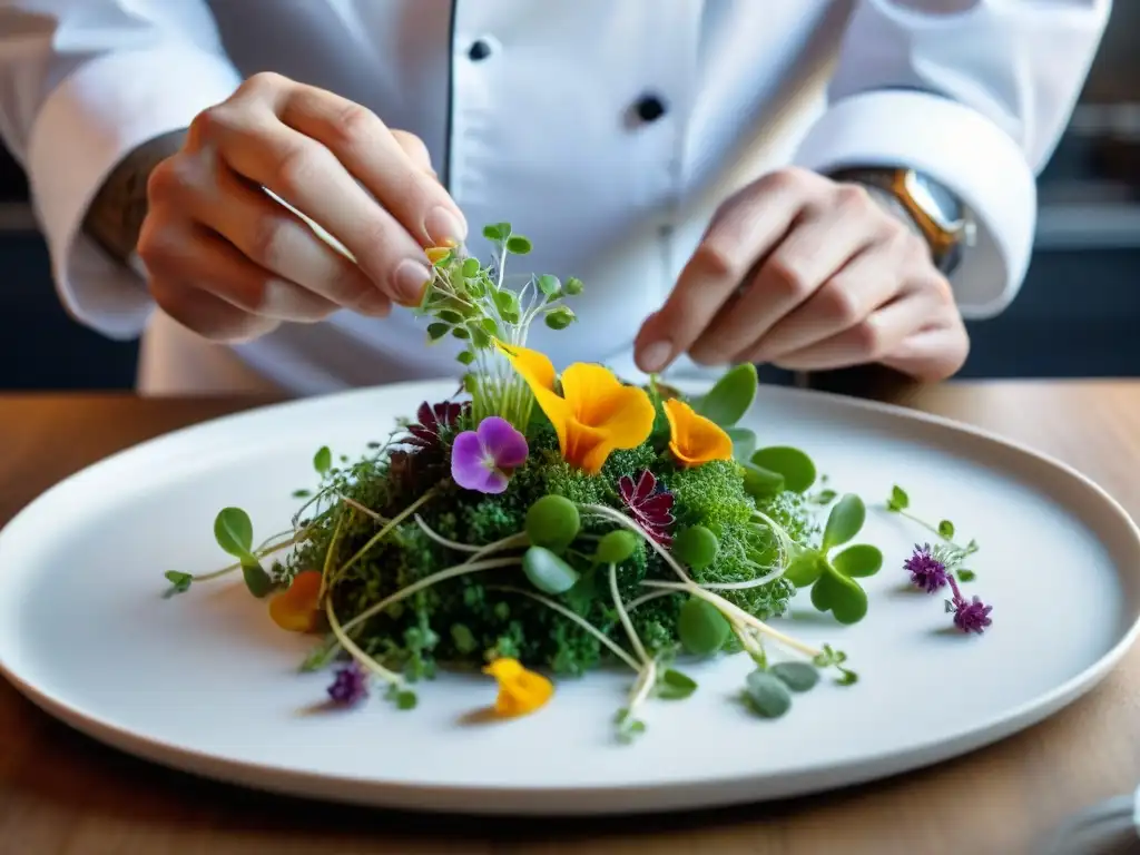 Un chef francés coloca con meticulosidad microgreens y flores comestibles en un plato vibrante, destacando la presentación en la cocina francesa