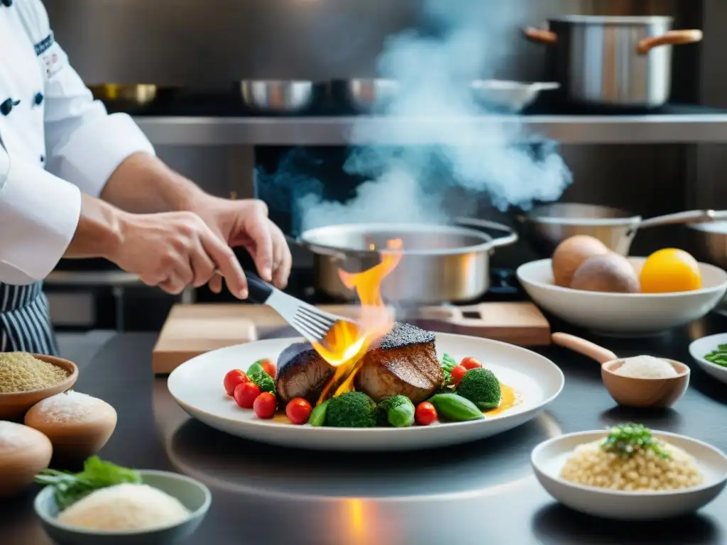 Un chef meticuloso en una cocina bulliciosa, creando un plato francés con precisión