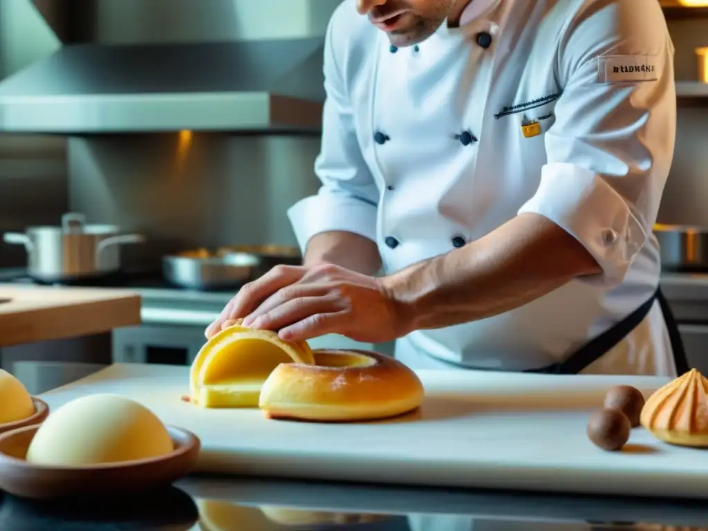 Un chef meticuloso crea una delicada pastelería francesa en una cocina moderna con innovaciones culinarias gastronomía francesa