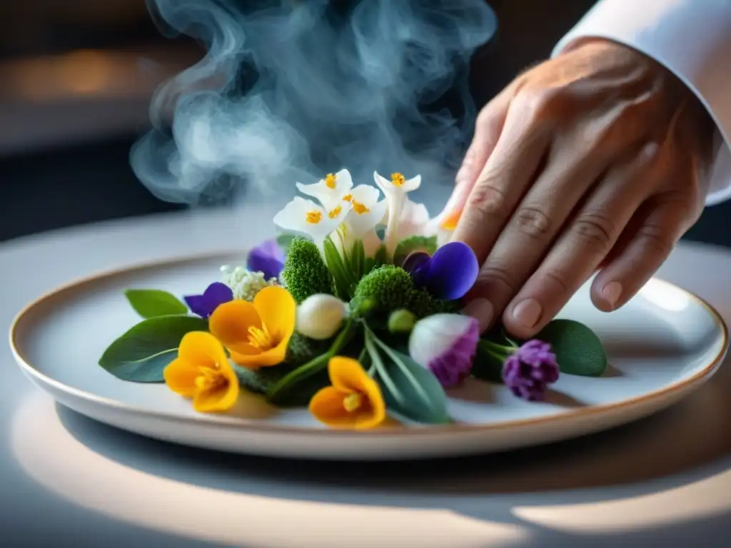 Un chef meticuloso arregla flores comestibles en un plato francés, destacando la decoración de platos estilo francés