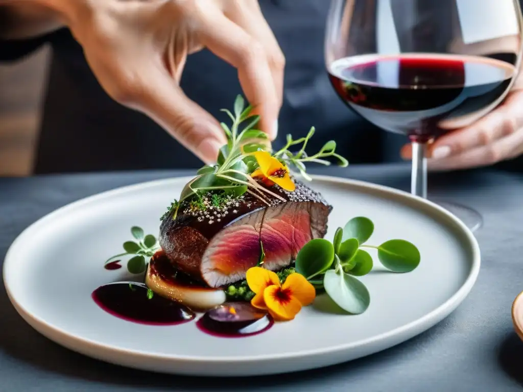 Un chef meticuloso decora un plato de coq au vin con flores comestibles, reducción de vino y microgreens