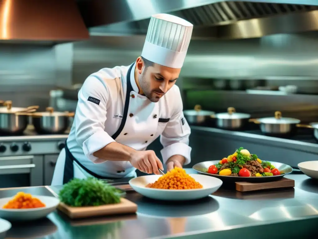 Un chef meticuloso preparando un plato francés en una cocina de alta gama