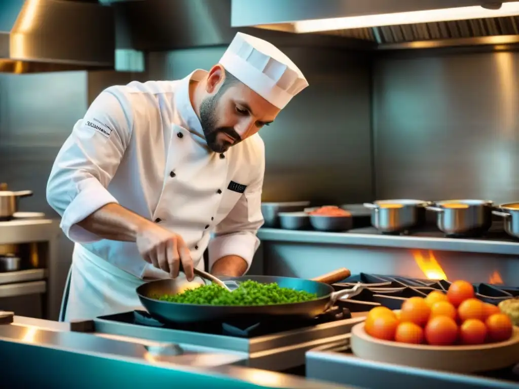 Un chef meticuloso preparando un plato gourmet en un bistró oculto en Cannes