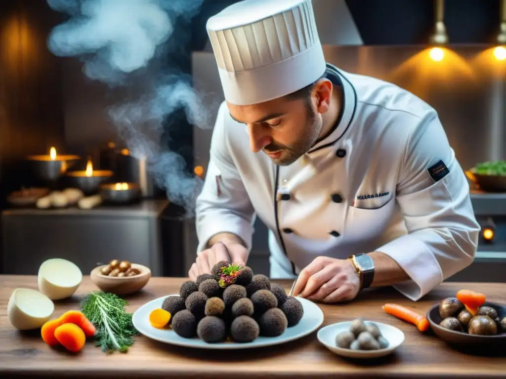 Un chef meticuloso preparando platos emblemáticos de la gastronomía francesa con trufas negras frescas