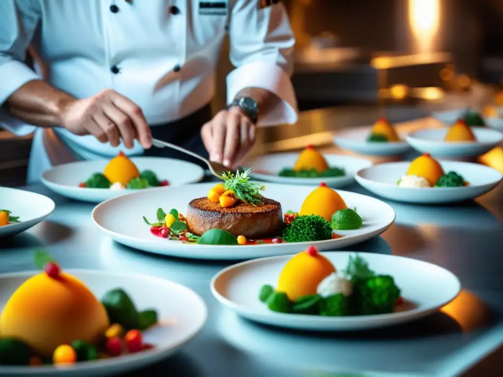 Un chef meticuloso preparando platos franceses innovadores en cocina de alta gama