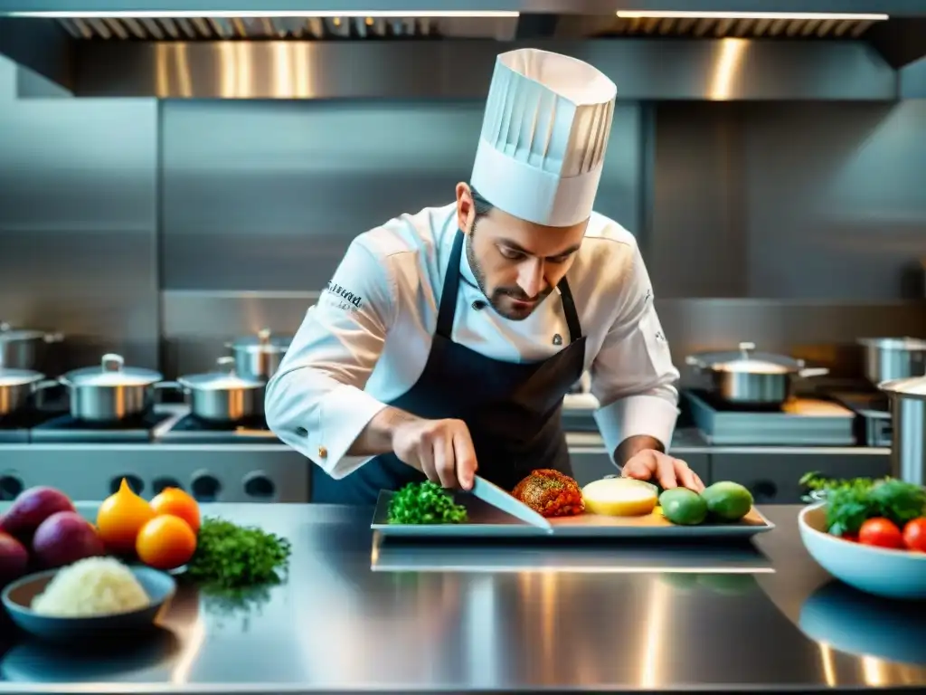 Chef francés de Estrellas Michelin creando con precisión y arte en cocina moderna llena de ingredientes frescos y coloridos