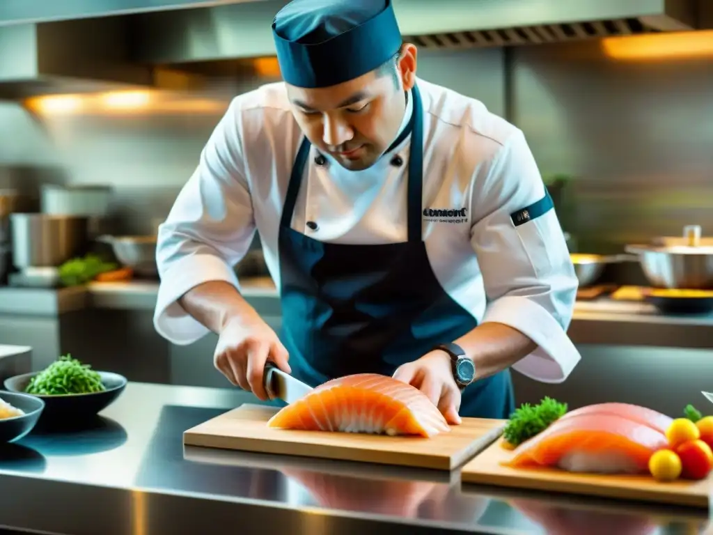 Un chef Michelin fileteando sashimi en un taller culinario, con destreza y precisión