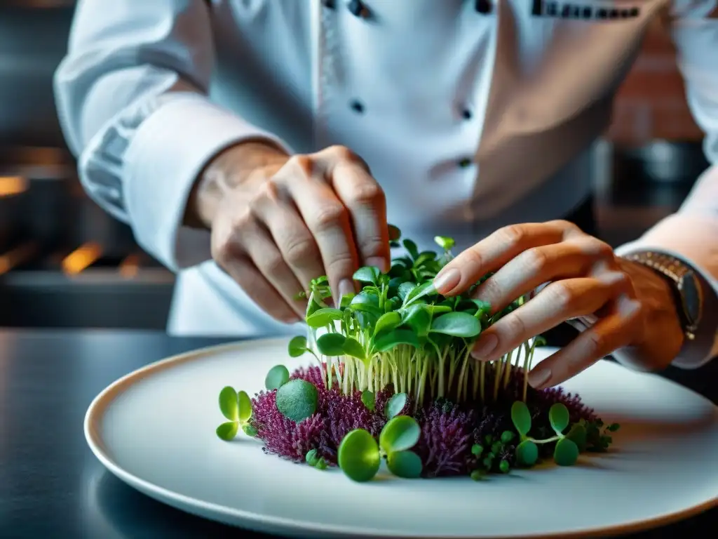 Chef francés coloca microgreens con precisión en exquisito plato