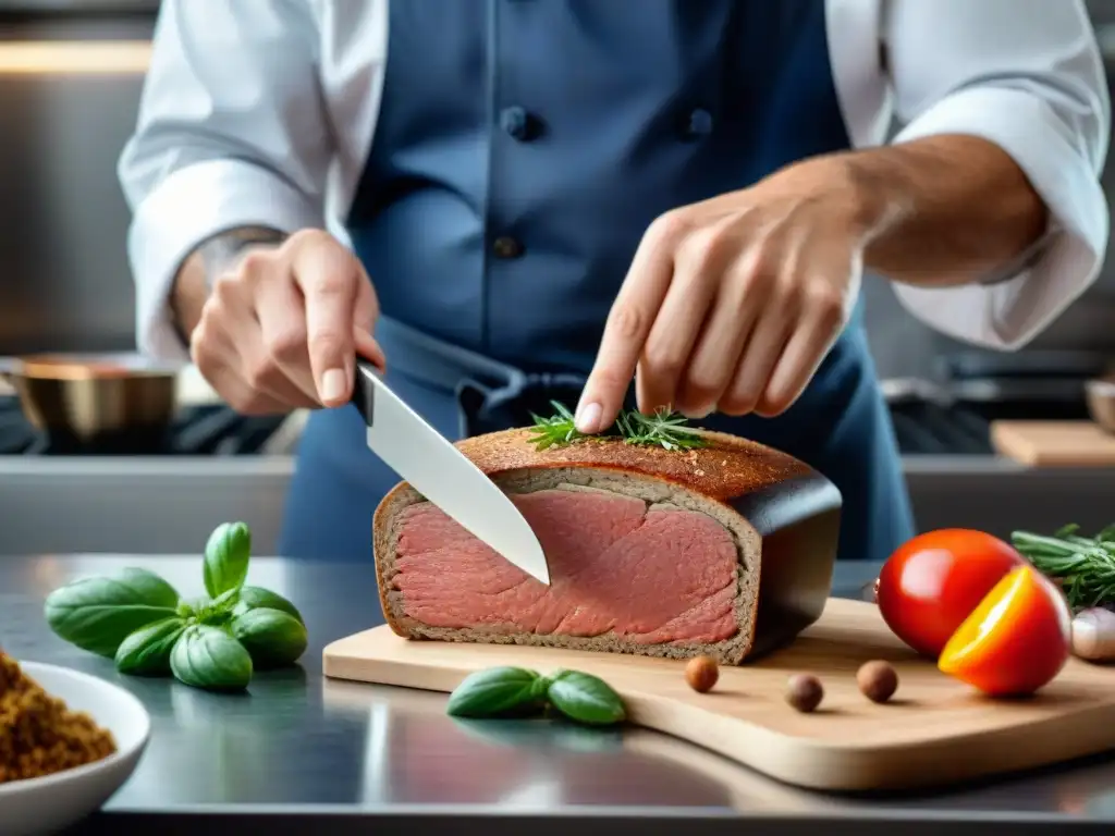 Un chef prepara con maestría un Pâté Lorrain receta moderna en una cocina profesional, resaltando la precisión y arte culinario