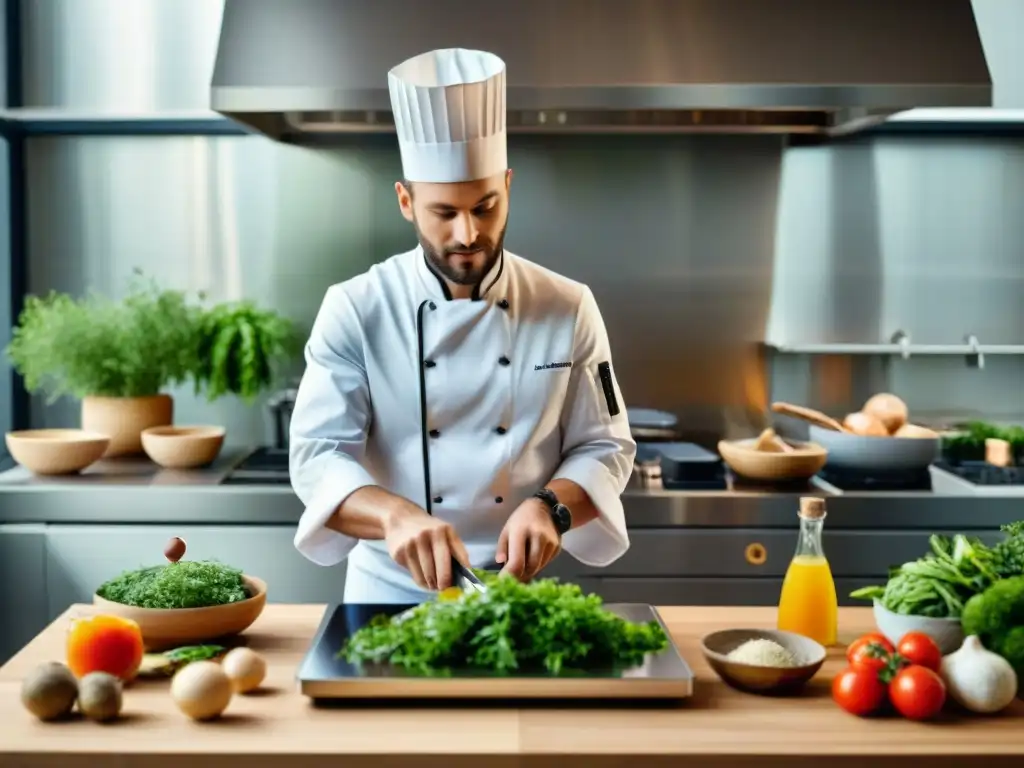 Un chef francés moderno en una cocina ecológica, fusionando tecnología y tradición culinaria