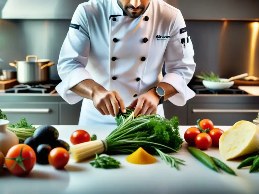 Un chef moderno reinterpretando la tradición en una cocina provenzal, fusionando técnicas innovadoras con ingredientes tradicionales