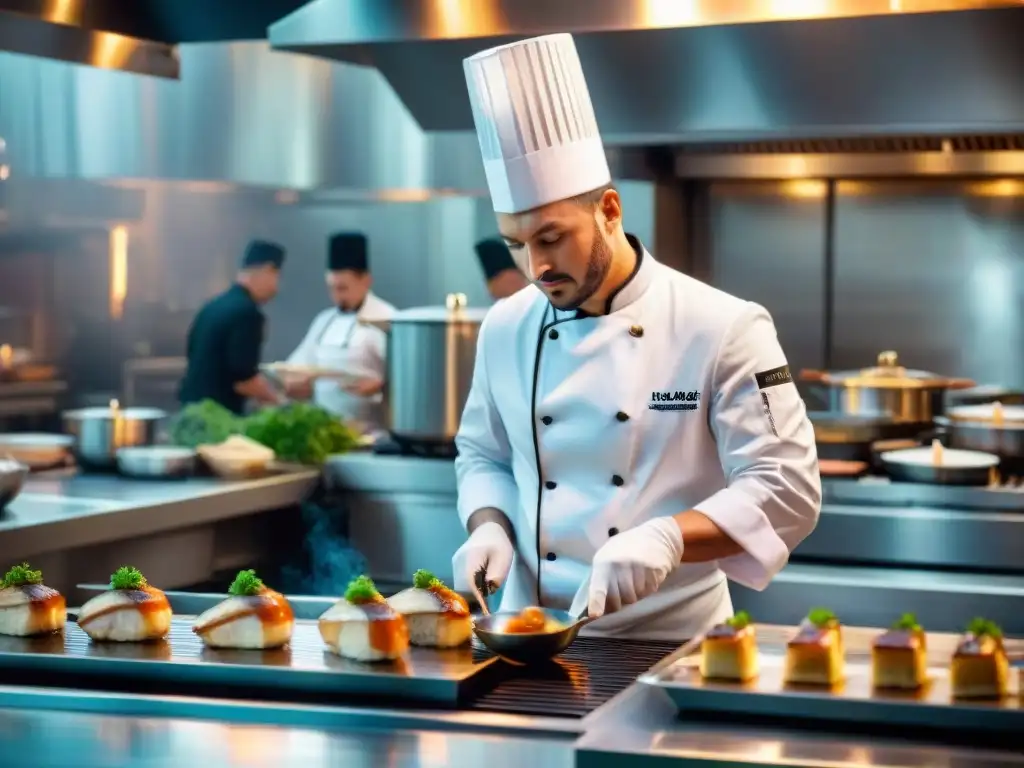 Un chef moderno cocina foie gras en una elegante cocina de acero inoxidable, con actividad restaurantera de fondo