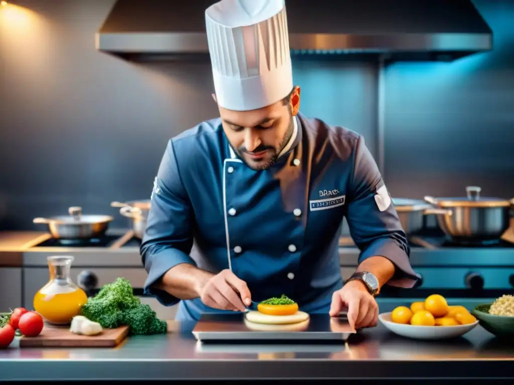 Chef francés moderno en cocina de alta tecnología Un chef francés moderno utilizando herramientas digitales en una cocina de alta tecnología