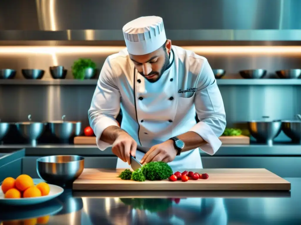 Un chef francés moderno creando plato exquisito en cocina sofisticada