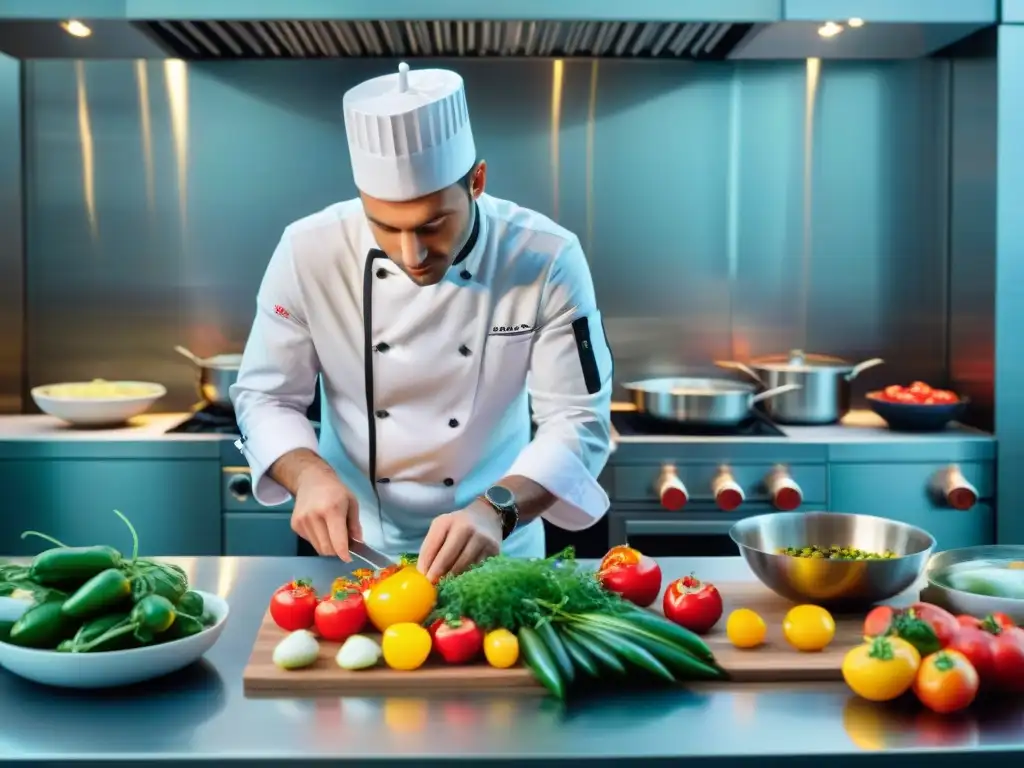 Un chef francés moderno preparando con precisión un sofisticado plato de Ratatouille con pescado en una cocina contemporánea