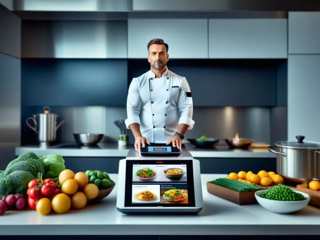 Cocina francesa innovadora: Chef con tecnología digital Chef francés moderno rodeado de herramientas digitales para chefs franceses en cocina innovadora