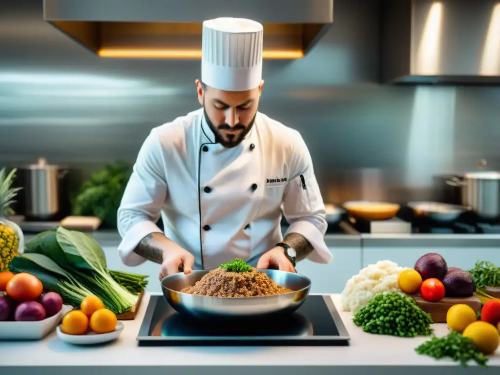 Un chef moderno prepara una versión contemporánea de la receta tradicional de Pâté Lorrain en una cocina vibrante y sofisticada