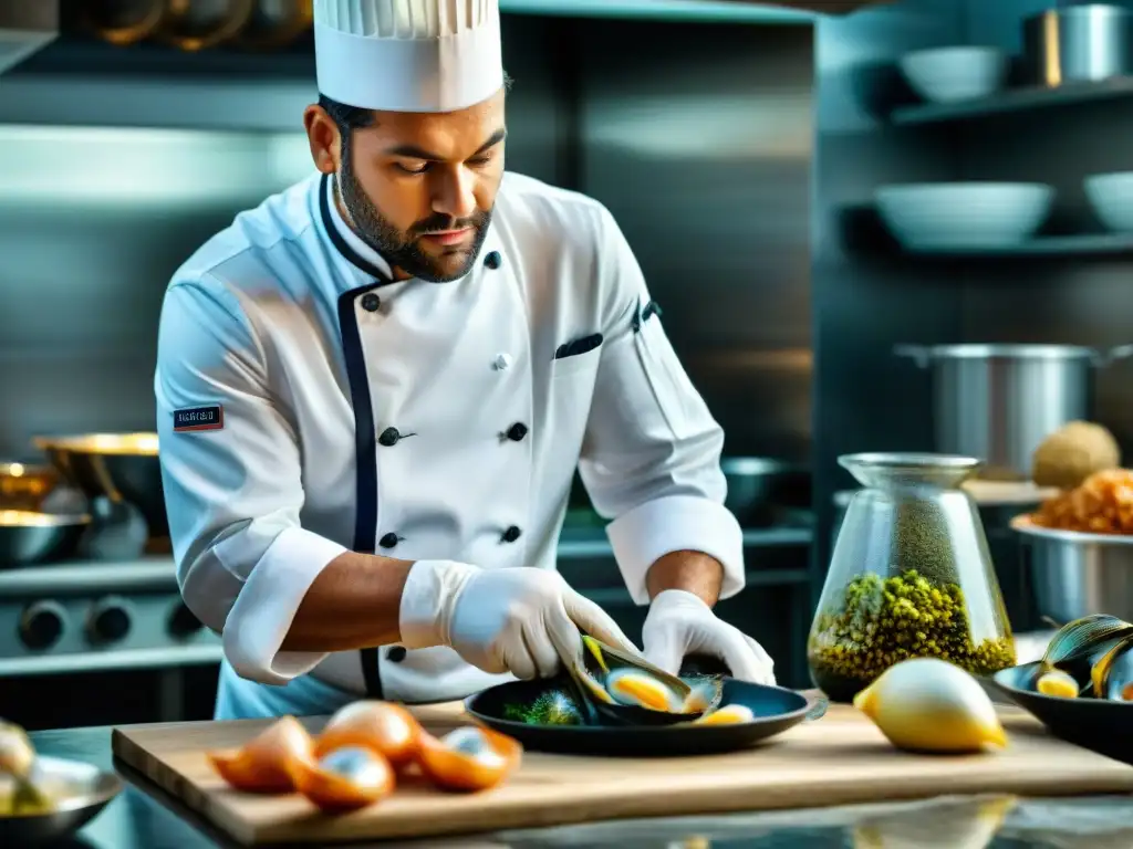 Un chef hábil prepara moluscos con precisión y arte en la cocina francesa