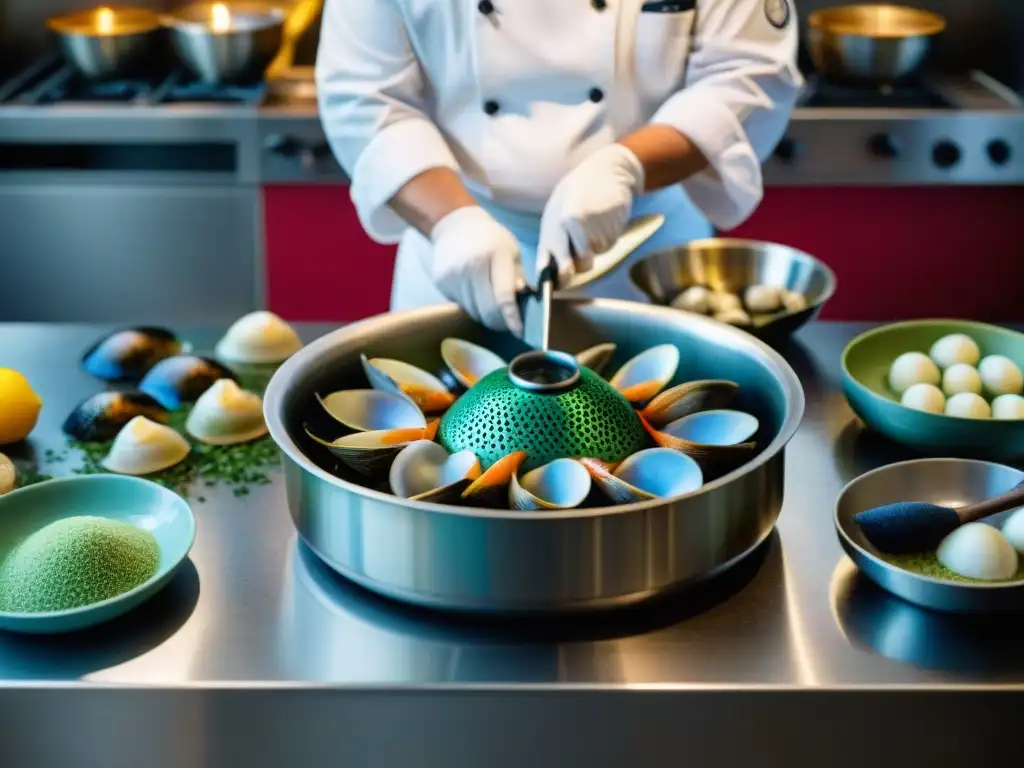 Chef preparando moluscos en cocina francesa: manos hábiles limpiando con esmero, mariscos coloridos y utensilios especializados