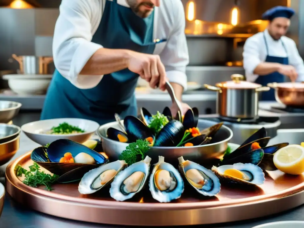 Un chef francés prepara con maestría moluscos en una cocina parisina, exudando arte culinario