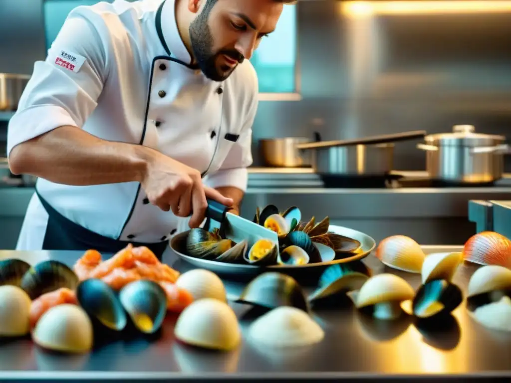 Un chef francés prepara moluscos con maestría en una cocina profesional, destacando detalles y colores vibrantes