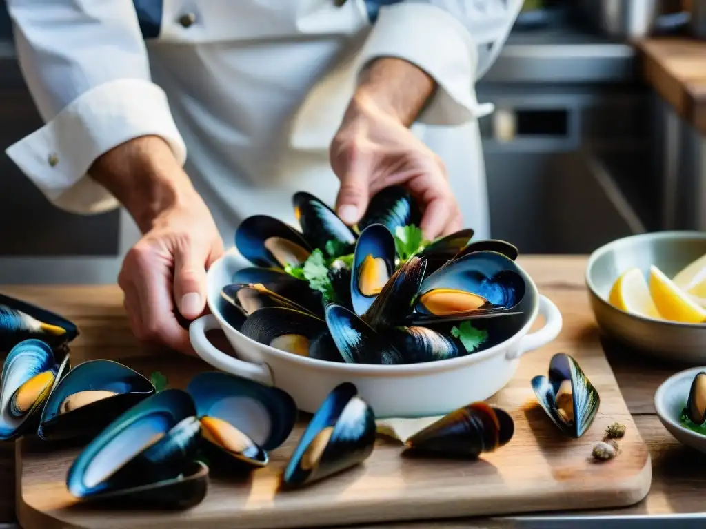 Un chef prepara moluscos con cuidado en una cocina francesa rústica