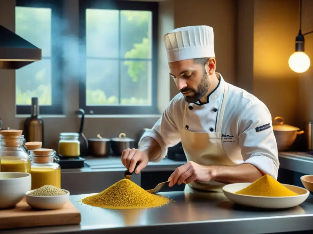 Un chef francés prepara mostaza en Dijon: una escena detallada y cálida de la gastronomía francesa