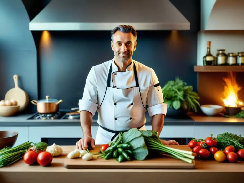 Un chef músico francés crea una obra culinaria en una cocina tradicional, rodeado de ingredientes frescos