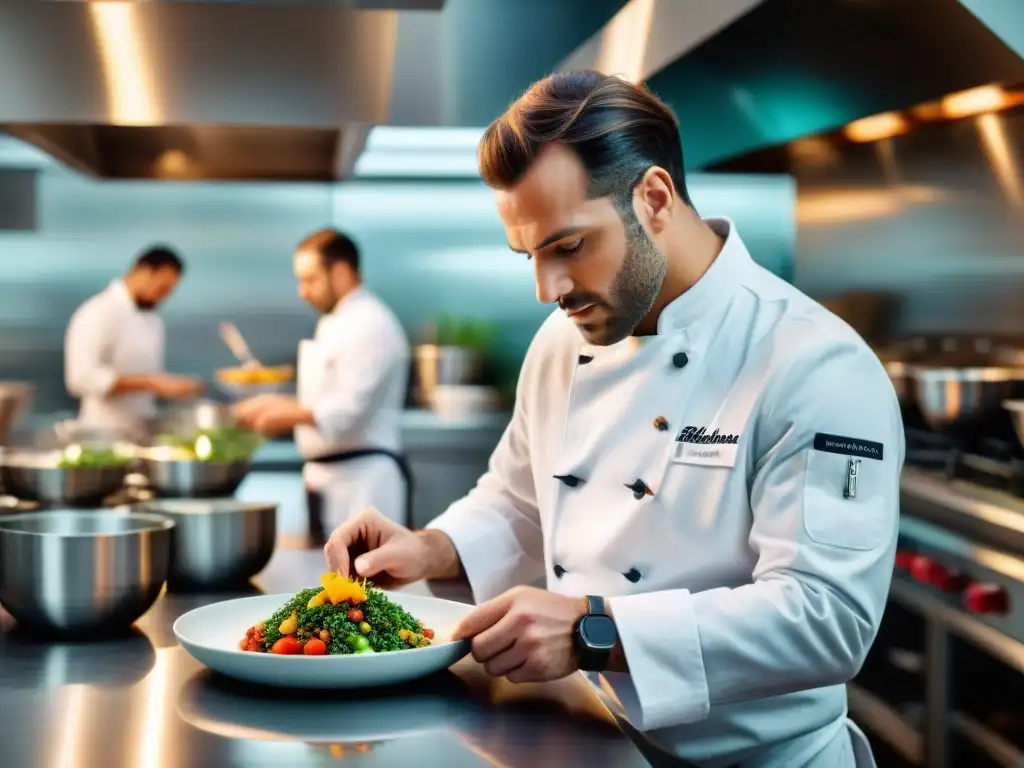 Un chef francés crea una obra de arte culinaria en una cocina profesional