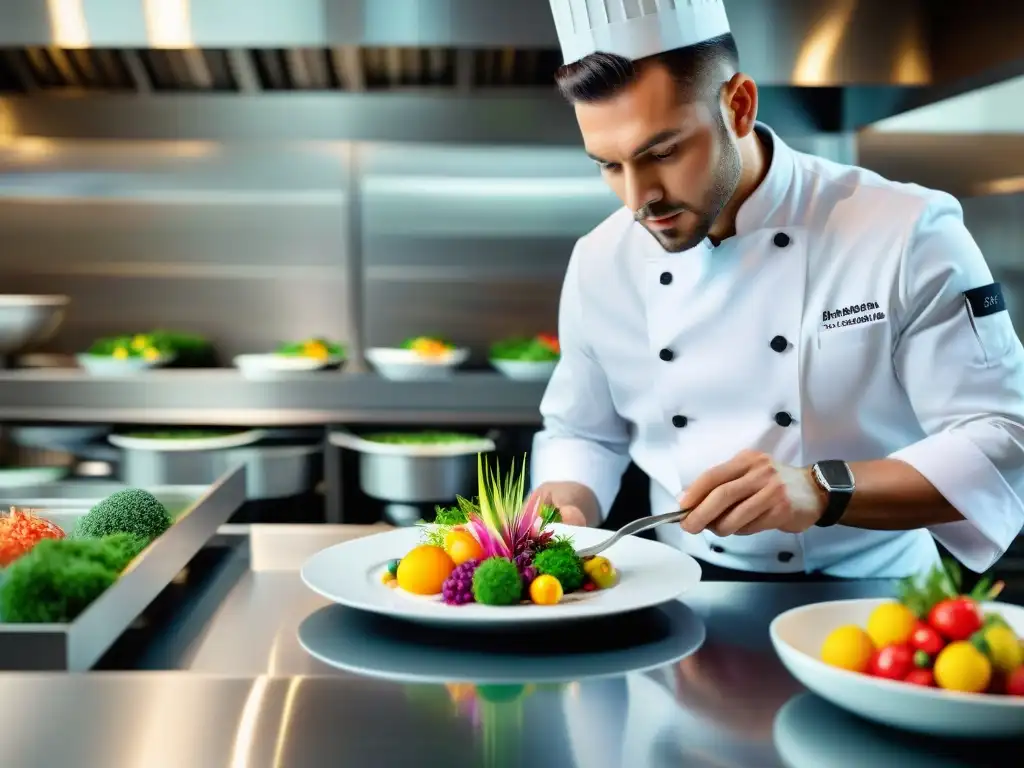 Un chef crea una obra de arte culinaria, resaltando la influencia del color en presentación