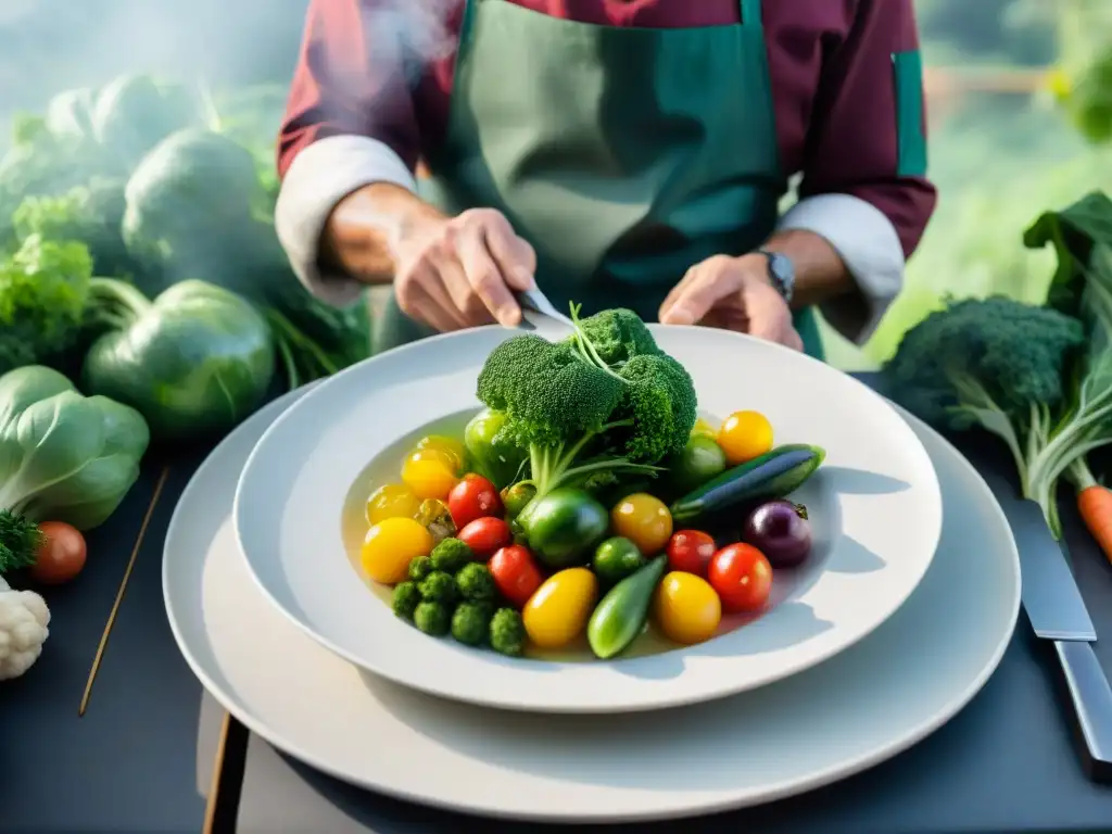 Un chef francés crea una obra de arte culinaria con vegetales orgánicos, fusionando sostenibilidad y gastronomía