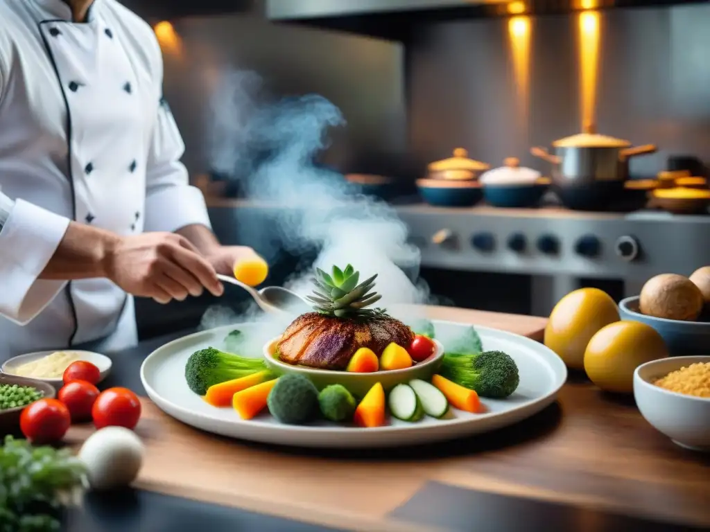 Un chef francés crea una obra de arte culinaria con armonía cromática en una cocina bulliciosa