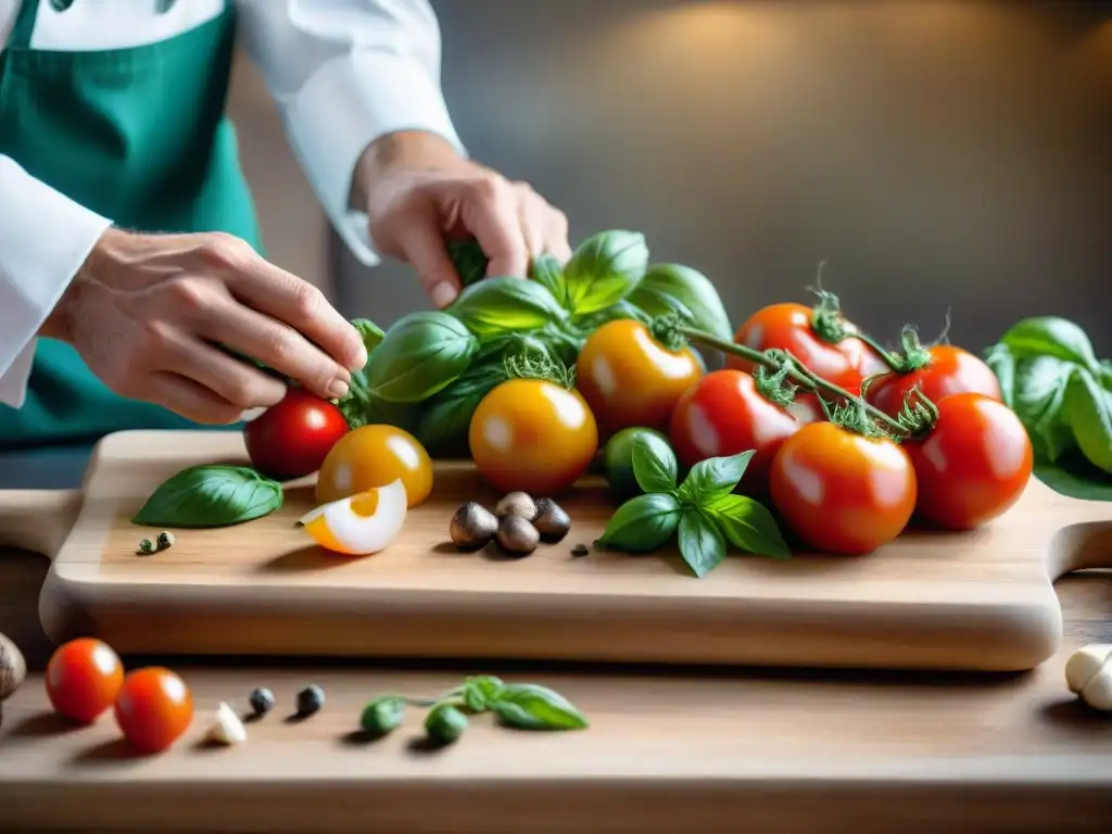 Un chef francés crea una obra de arte con ingredientes frescos en tabla de madera