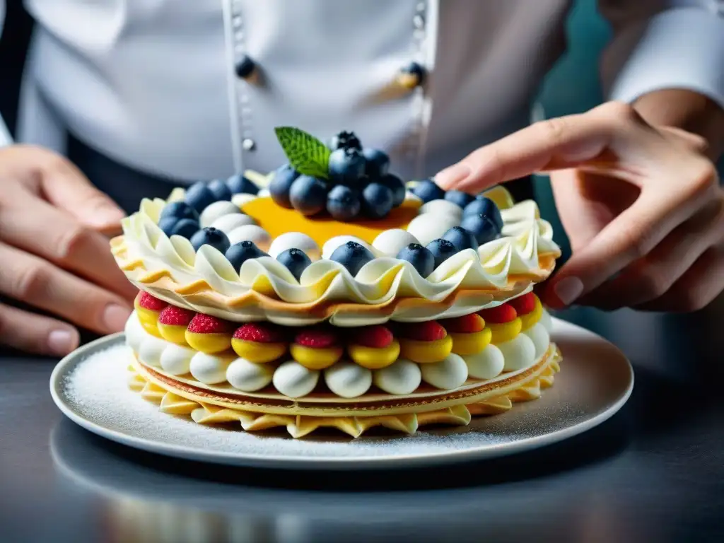 Un chef de pastelería francés crea una obra de arte con precisión en un millefeuille multicolor