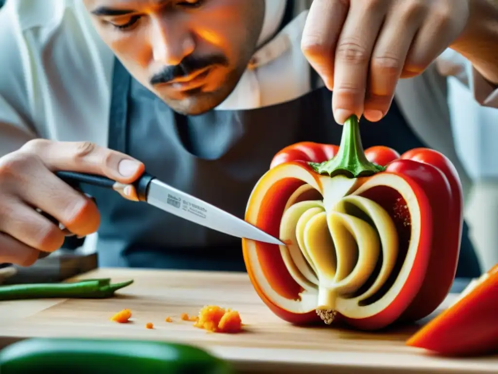 Un chef hábil tallando una obra de arte en un pimiento rojo vibrante, destacando las técnicas de tallado de alimentos