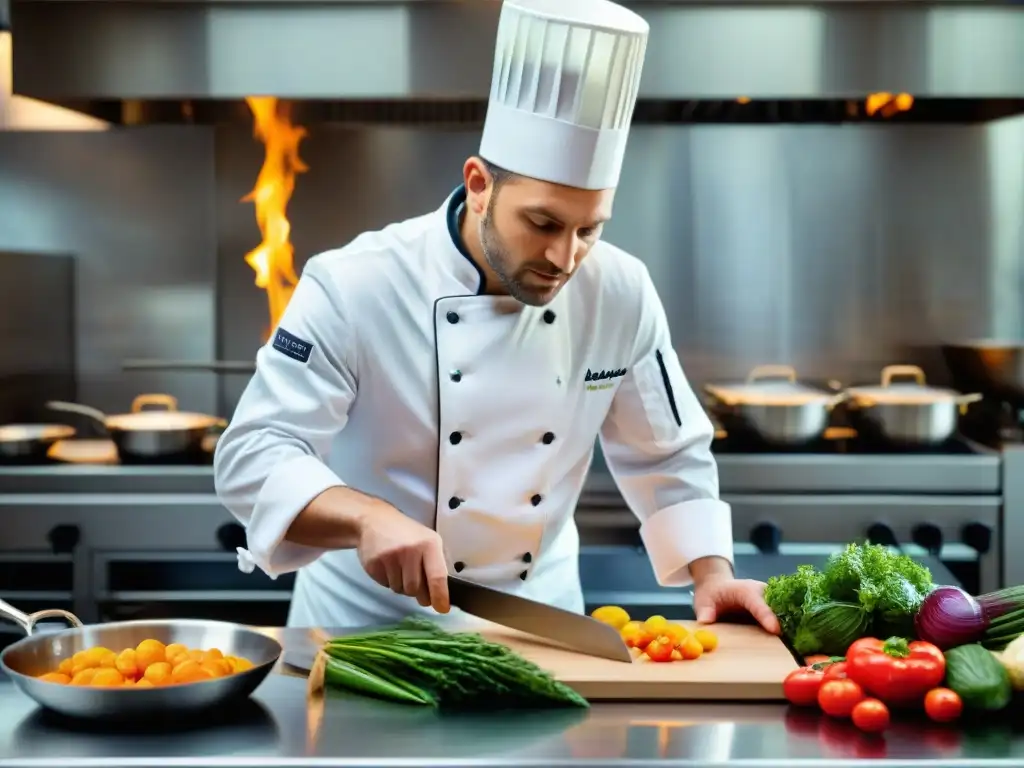 Un chef francés prepara con maestría una obra culinaria en una cocina profesional, destacando la ciencia gastronomía francesa cursos experimentadores