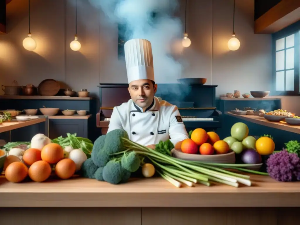 Un chef francés crea una obra culinaria en una cocina clásica llena de música, reflejando la esencia de la gastronomía francesa y la música clásica