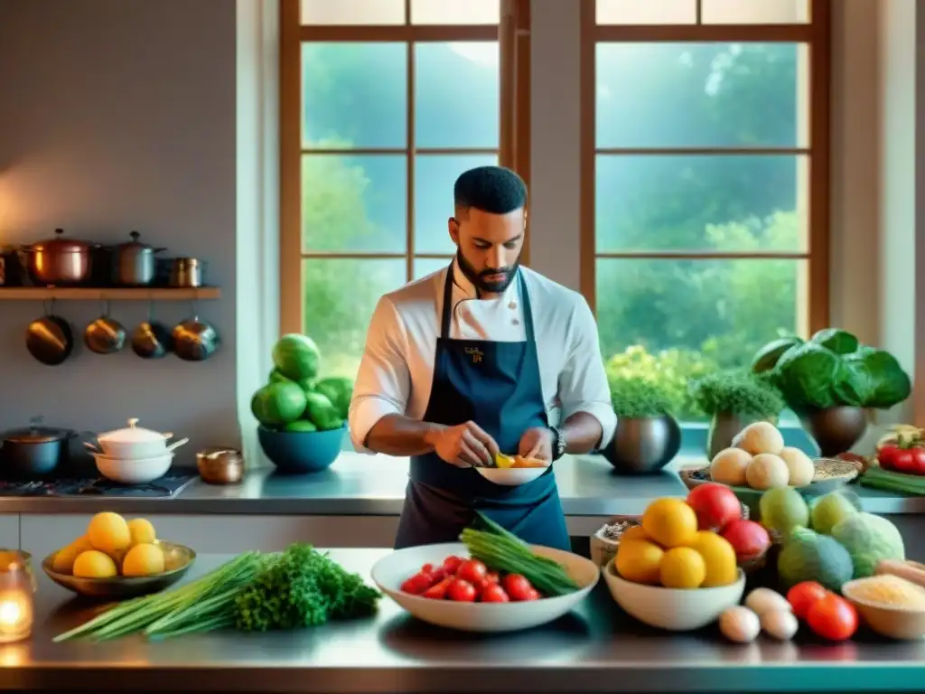 Un chef hábil crea una obra culinaria inspirada en la pintura francesa en una cocina bulliciosa