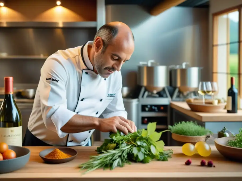 Chef francés preparando obra gourmet en cocina de viñedo