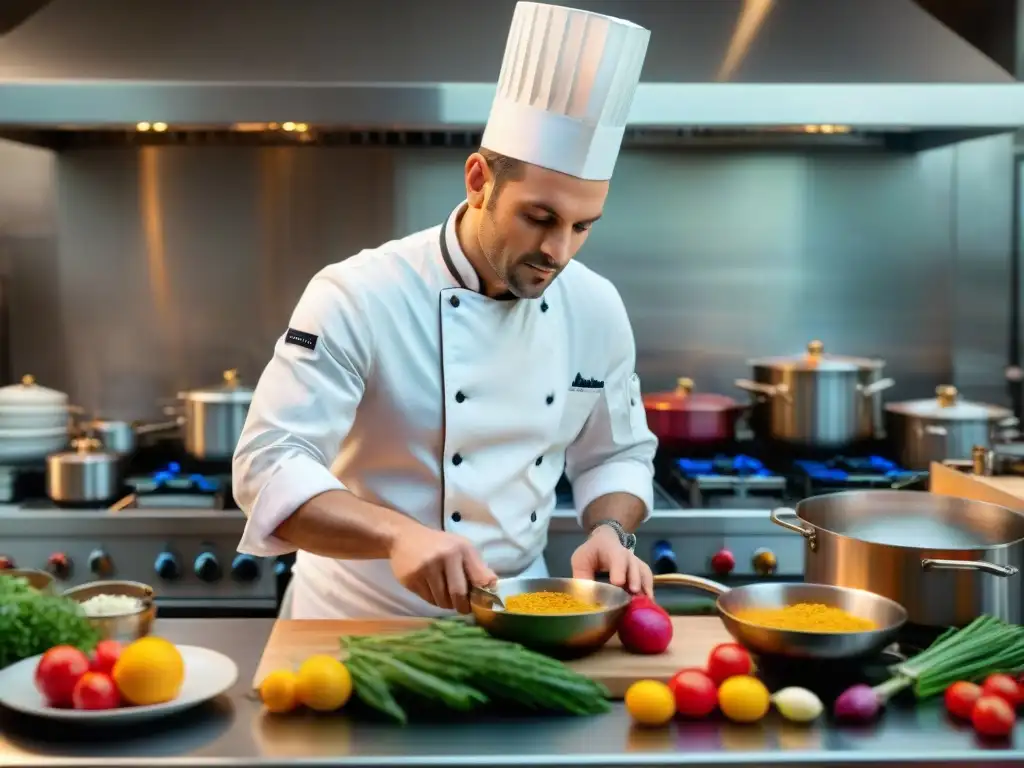 Un chef francés crea una obra maestra culinaria en una cocina parisina tradicional