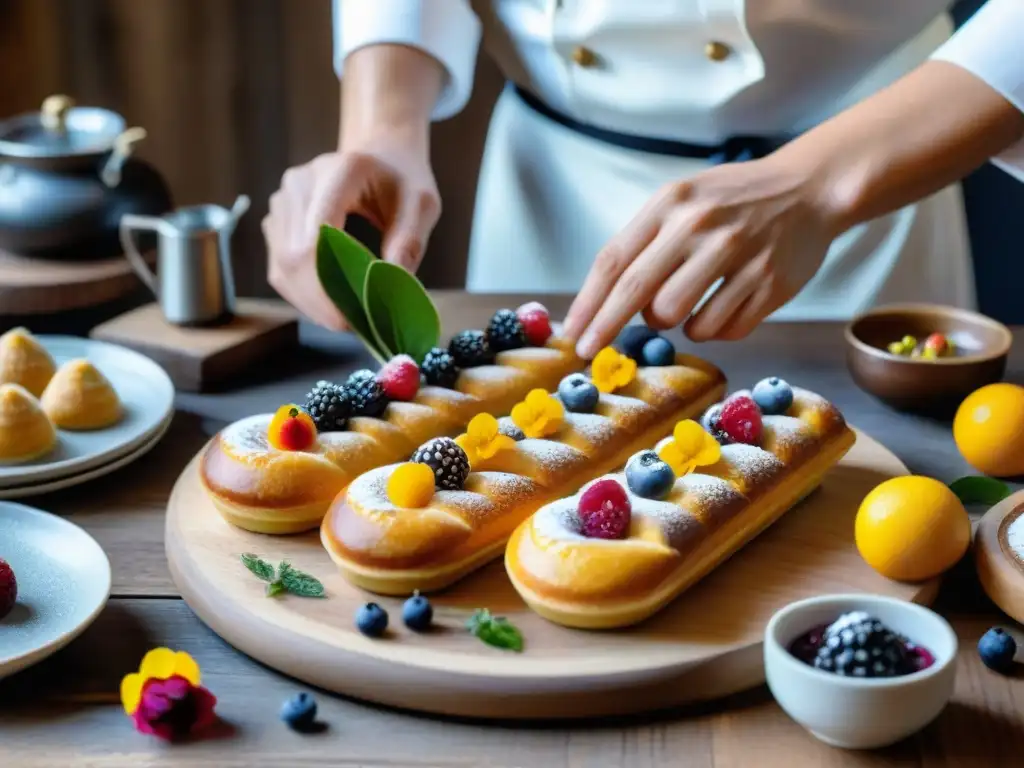 Un chef crea una obra maestra culinaria con pasteles franceses en una mesa rústica