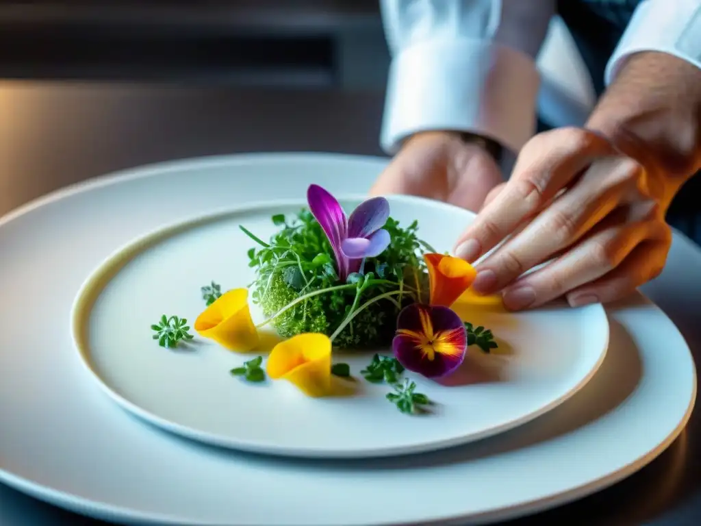 Un chef francés crea una obra maestra culinaria con flores comestibles y microgreens, destacando innovaciones en presentación de platos franceses