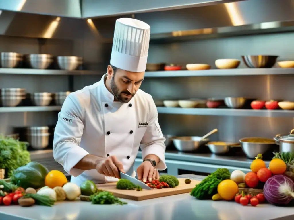 Un chef francés crea una obra maestra culinaria en una animada cocina parisina, rodeado de especias y productos frescos